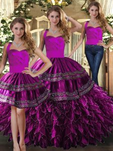 Enchanting Fuchsia Lace Up Halter Top Embroidery and Ruffles Vestidos de Quinceanera Organza Sleeveless