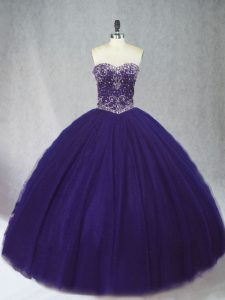 Purple Lace Up Quinceanera Gowns Beading Sleeveless Floor Length