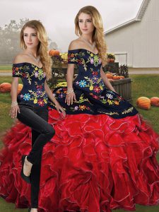 Floor Length Red And Black Quinceanera Dresses Organza Sleeveless Embroidery and Ruffles