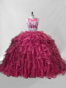 Customized Brush Train Two Pieces Sweet 16 Dress Hot Pink Scoop Organza Sleeveless Zipper