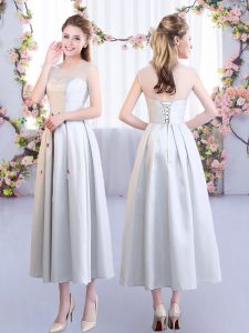 Delicate Tea Length Silver Dama Dress for Quinceanera Scoop Sleeveless Lace Up