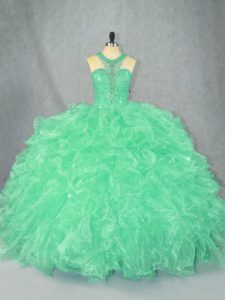 Simple Apple Green Sleeveless Floor Length Beading and Ruffles Zipper Quinceanera Dresses