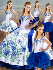 High Quality Blue And White Ball Gowns Off The Shoulder Sleeveless Satin and Organza Floor Length Lace Up Embroidery and Ruffles Vestidos de Quinceanera
