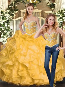 Custom Fit Sleeveless Lace Up Floor Length Beading and Ruffles Quince Ball Gowns