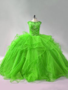 High End Organza Lace Up Quince Ball Gowns Sleeveless Brush Train Beading and Ruffles