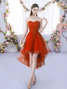 Sophisticated Rust Red Sleeveless Lace High Low Court Dresses for Sweet 16
