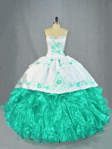 Most Popular Turquoise Sweetheart Lace Up Embroidery and Ruffles Quinceanera Dresses Sleeveless