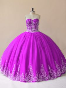 Fabulous Tulle Sweetheart Sleeveless Lace Up Embroidery Quinceanera Gown in Purple