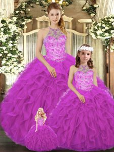 Dynamic Fuchsia Ball Gowns Halter Top Sleeveless Tulle Floor Length Lace Up Beading and Ruffles Quinceanera Gowns
