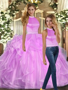 Suitable Halter Top Sleeveless Organza Sweet 16 Dresses Beading and Ruffles Backless
