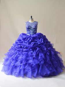 Smart Purple Ball Gowns Scoop Sleeveless Organza Floor Length Lace Up Beading and Ruffles and Pick Ups Sweet 16 Dress