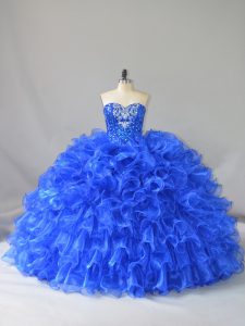 Captivating Ruffles and Sequins Ball Gown Prom Dress Royal Blue Lace Up Sleeveless Floor Length