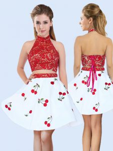 Wonderful Two Pieces Quinceanera Dama Dress White And Red Halter Top Satin Sleeveless Mini Length Lace Up