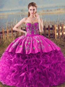 Dynamic Sleeveless Embroidery and Ruffles Lace Up 15 Quinceanera Dress with Fuchsia Brush Train