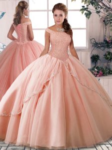 Glamorous Peach Tulle Lace Up Off The Shoulder Sleeveless Quinceanera Gown Brush Train Beading