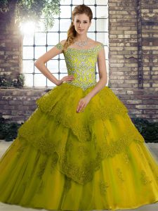 Elegant Olive Green Off The Shoulder Neckline Beading and Lace Quince Ball Gowns Sleeveless Lace Up