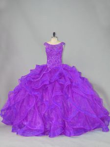 Purple Scoop Lace Up Beading and Ruffles Quince Ball Gowns Brush Train Sleeveless