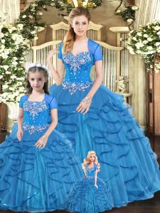 Blue Ball Gowns Tulle Sweetheart Sleeveless Beading and Ruffles Floor Length Lace Up Ball Gown Prom Dress