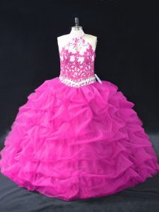Floor Length Fuchsia Quince Ball Gowns Organza Sleeveless Beading and Lace and Pick Ups