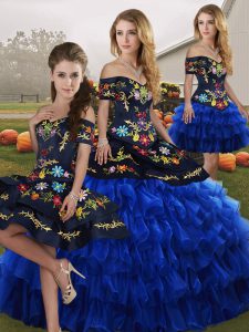 Modest Blue And Black Quinceanera Gowns Military Ball and Sweet 16 and Quinceanera with Embroidery and Ruffled Layers Off The Shoulder Sleeveless Lace Up