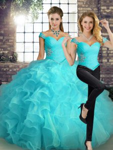 Exquisite Aqua Blue Two Pieces Beading and Ruffles Quinceanera Dress Lace Up Organza Sleeveless Floor Length