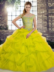 Yellow Green Off The Shoulder Lace Up Beading and Pick Ups Quinceanera Gowns Brush Train Sleeveless