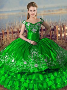 Floor Length Green Sweet 16 Dress Off The Shoulder Sleeveless Lace Up