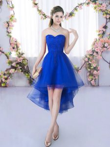 Flirting Royal Blue Lace Up Quinceanera Court of Honor Dress Lace Sleeveless High Low