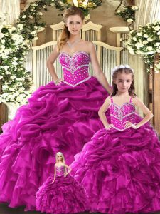 Hot Selling Fuchsia Organza Lace Up Quinceanera Gown Sleeveless Floor Length Beading and Ruffles