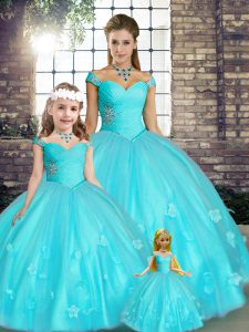 Fitting Aqua Blue Ball Gowns Tulle Off The Shoulder Sleeveless Beading and Appliques Floor Length Lace Up 15 Quinceanera Dress
