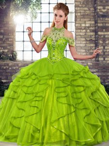 Pretty Olive Green Lace Up Sweet 16 Quinceanera Dress Beading and Ruffles Sleeveless Floor Length