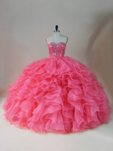 Pink Ball Gowns Organza Sweetheart Sleeveless Beading and Ruffles Floor Length Zipper Quinceanera Gowns