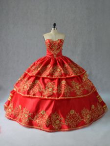 Glittering Red Ball Gowns Satin Halter Top Sleeveless Embroidery and Ruffled Layers Floor Length Lace Up Quinceanera Dress