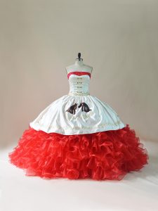 Glamorous White And Red Sleeveless Brush Train Embroidery and Ruffles Floor Length 15 Quinceanera Dress