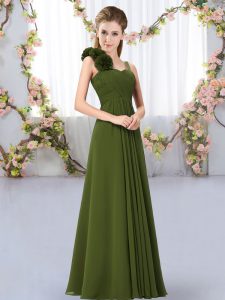 Sleeveless Floor Length Hand Made Flower Lace Up Dama Dress for Quinceanera with Olive Green