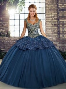 Luxurious Navy Blue Tulle Lace Up Straps Sleeveless Floor Length Sweet 16 Quinceanera Dress Beading and Appliques