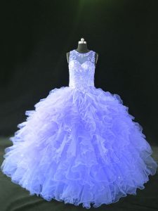 Custom Fit Lavender Ball Gowns Scoop Sleeveless Tulle Floor Length Lace Up Beading and Ruffles Sweet 16 Dresses