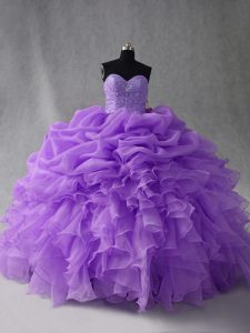 Glamorous Lavender Organza Lace Up Sweetheart Sleeveless Floor Length 15 Quinceanera Dress Beading and Ruffles and Pick Ups