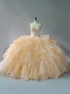 Designer Organza Sweetheart Sleeveless Brush Train Lace Up Beading and Ruffles Quince Ball Gowns in Gold