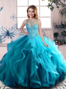 Elegant Scoop Sleeveless Quince Ball Gowns Floor Length Beading and Ruffles Aqua Blue Tulle
