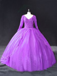 Latest Purple V-neck Lace Up Lace and Appliques Quinceanera Gown Long Sleeves