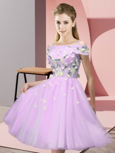 Simple Lilac Empire Tulle Off The Shoulder Short Sleeves Appliques Knee Length Lace Up Quinceanera Dama Dress