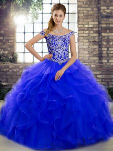 Popular Royal Blue Lace Up Off The Shoulder Beading and Ruffles 15th Birthday Dress Tulle Sleeveless Brush Train