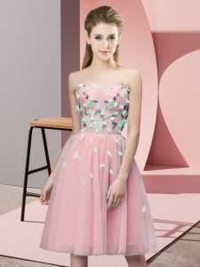 Free and Easy Pink Tulle Lace Up Sweetheart Sleeveless Knee Length Damas Dress Appliques