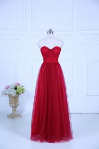 Floor Length Zipper Quinceanera Dama Dress Wine Red for Wedding Party with Ruching