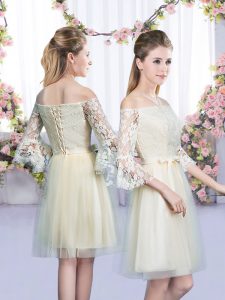 Great Off The Shoulder 3 4 Length Sleeve Lace Up Quinceanera Dama Dress Champagne Tulle