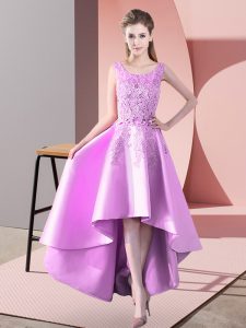 Sleeveless Satin High Low Zipper Quinceanera Court Dresses in Lilac with Lace