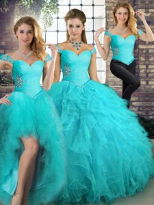 Gorgeous Tulle Off The Shoulder Sleeveless Lace Up Beading and Ruffles Sweet 16 Quinceanera Dress in Aqua Blue