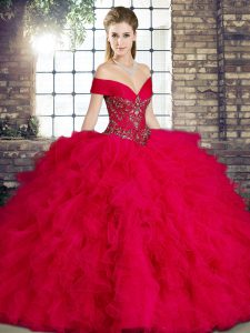 Red Ball Gowns Beading and Ruffles 15 Quinceanera Dress Lace Up Tulle Sleeveless Floor Length