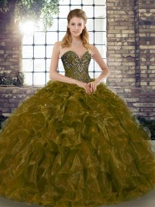 Designer Brown Sweetheart Lace Up Beading and Ruffles Quince Ball Gowns Sleeveless